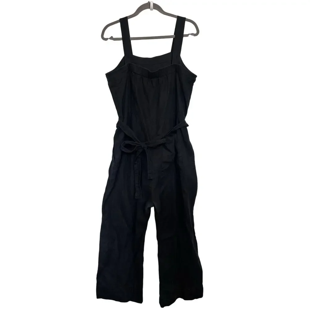 Quince 100% European Linen Square Neck Black Jumpsuit L Belt Pockets Sustainable